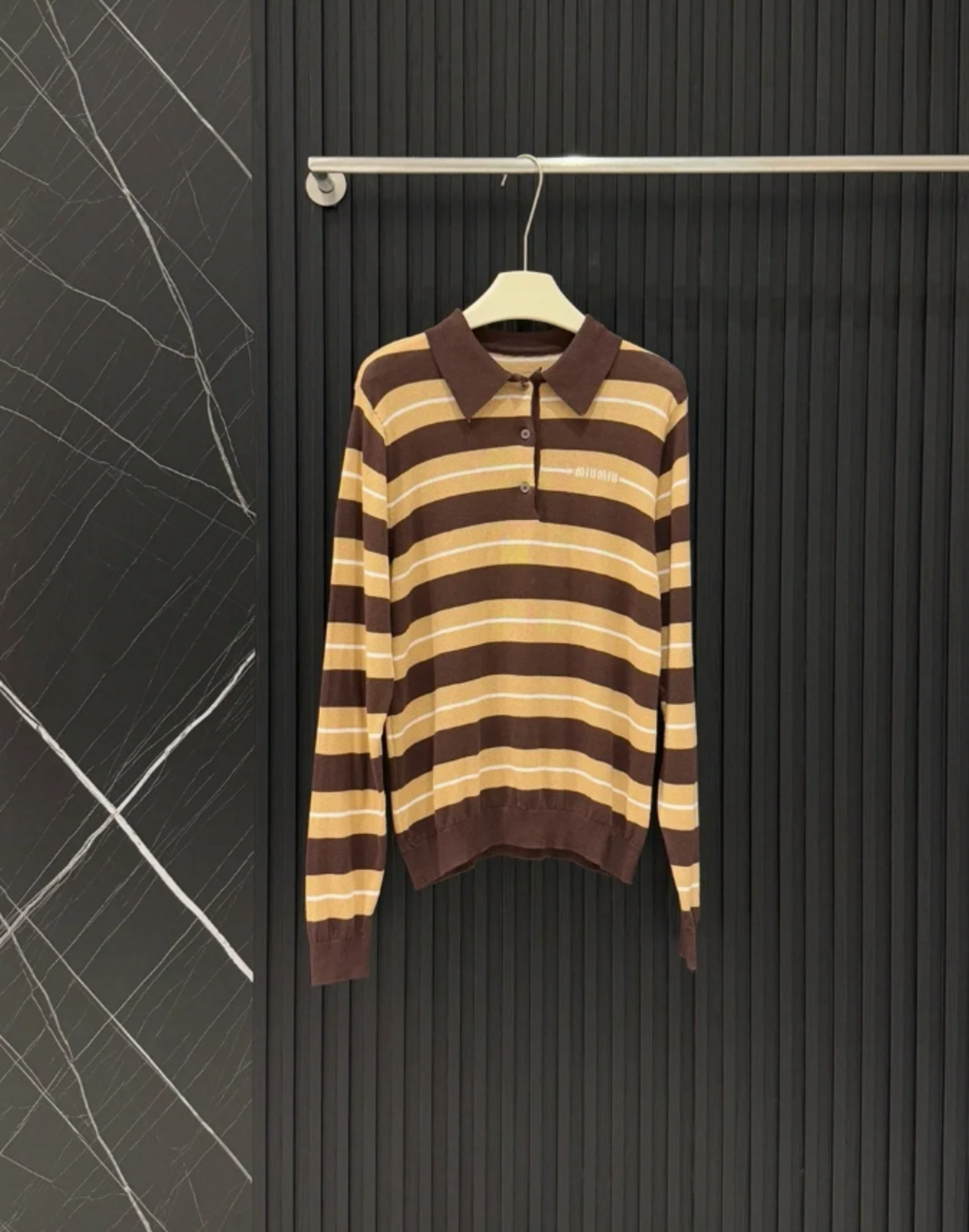 Miu Miu Brown and Cream Striped Long-Sleeve Polo Sweater